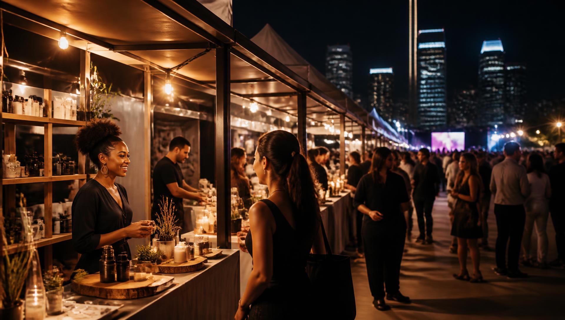 Vendors selling products to customers at a busy evening event marketplace